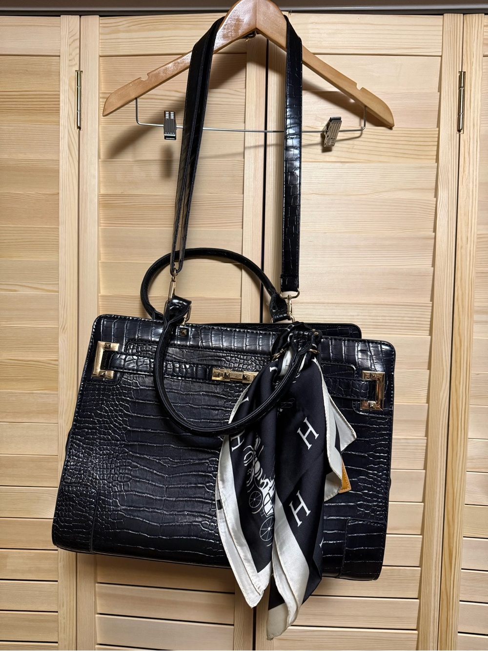 Black Croc-Embossed Pet Purse with Scarf Accent